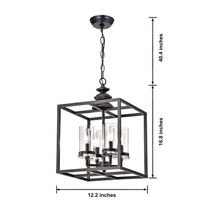 Black 4-Light Lantern Pendant Cage Fixture Geometric Lighting Hanging Square - Diamond Home USA