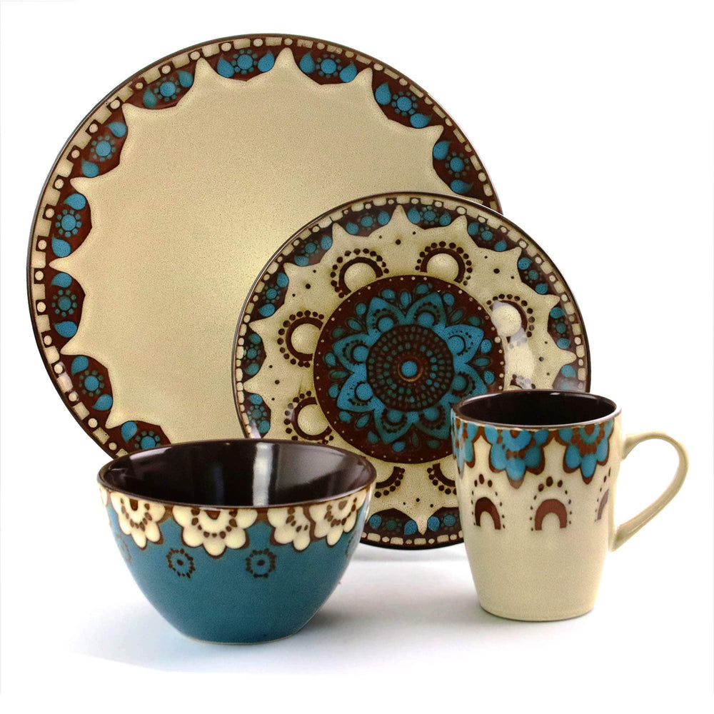 Sandstone Mandala 16 Piece Round Stoneware Dinnerware Set Brown Geometric Casual - Diamond Home USA