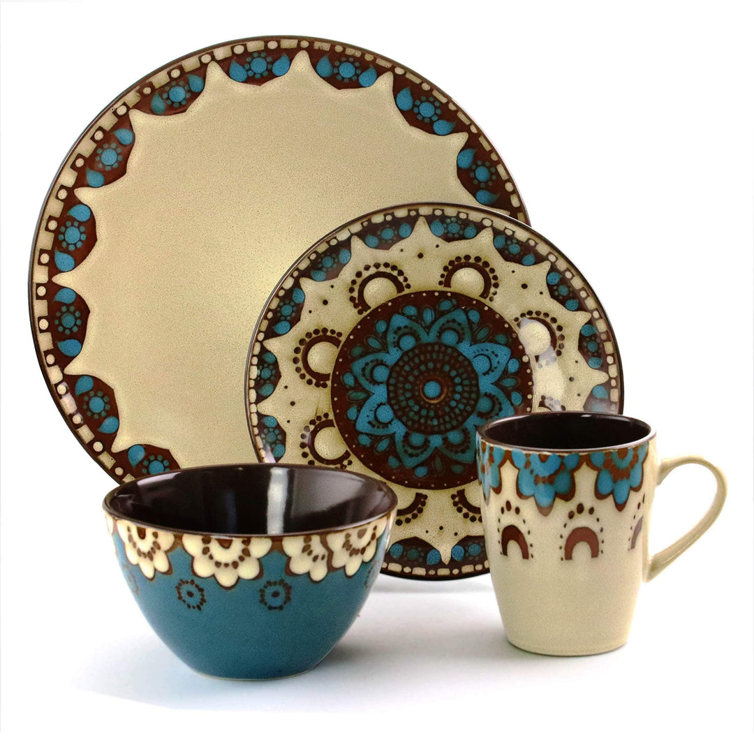 Sandstone Mandala 16 Piece Round Stoneware Dinnerware Set Brown Geometric Casual - Diamond Home USA