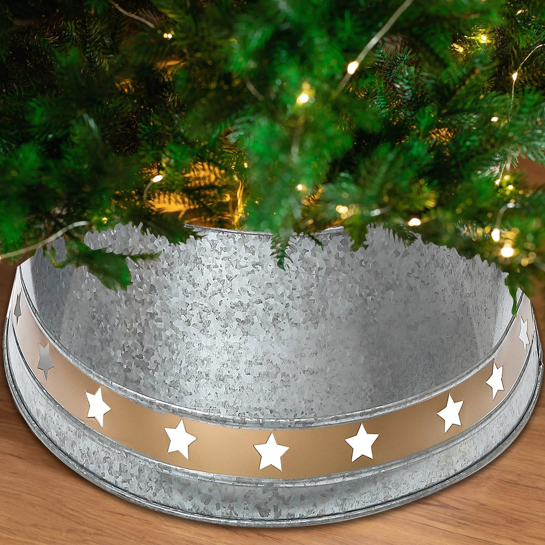 Christmas Galvanized Tree Collar with Stars Silver Metal - Diamond Home USA
