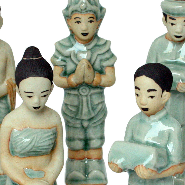 NA Handmade Religious Ceramic Nativity Scene Set of 9 (Thailand) Green - Diamond Home USA