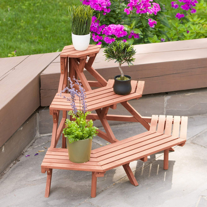 Brown Wood 3-Tier Quarter Round Plant Stand Rectangular Cedar