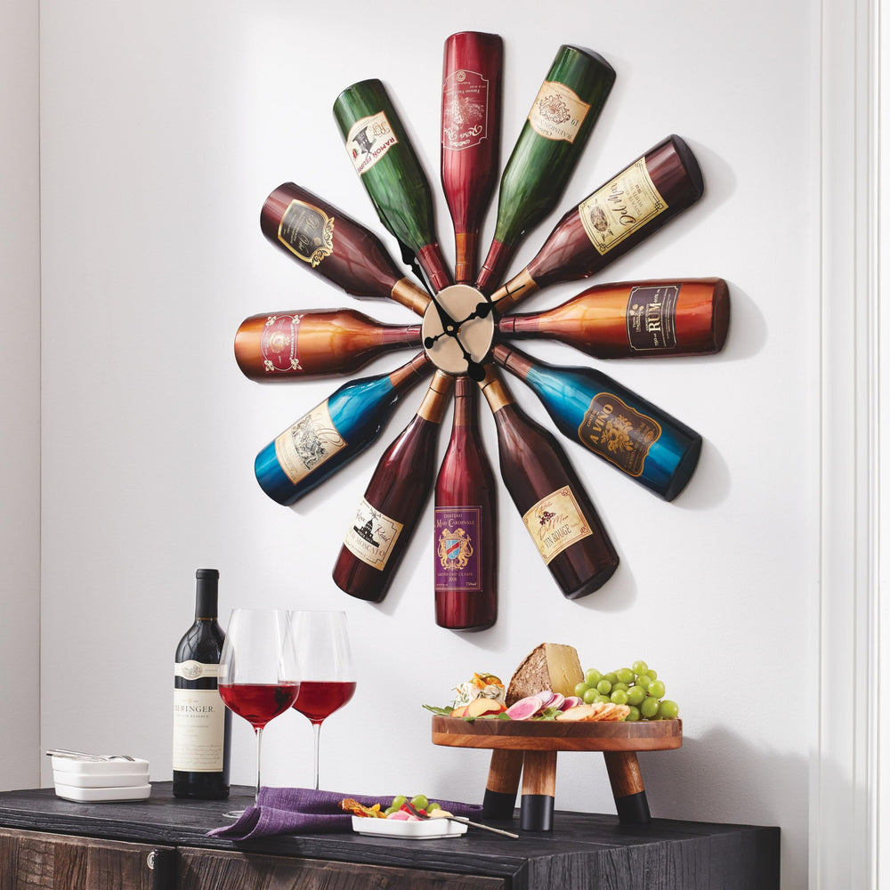 Iron Wine Bottle Wall Clock Multi Color 1 Piece - Diamond Home USA