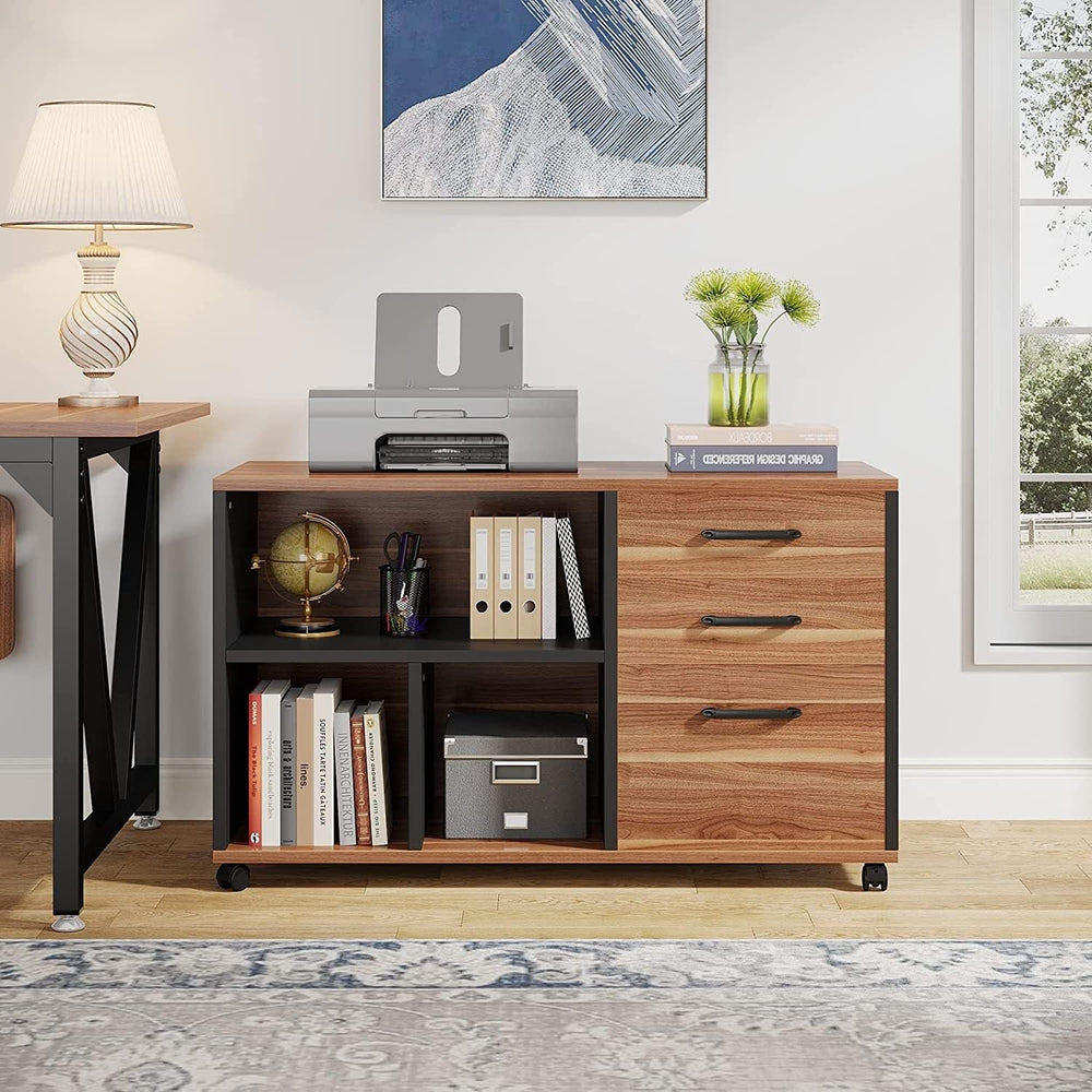 3 Drawer Wood Filing Cabinet with Wheels for A4 Letter Size Brown Mid-Century - Diamond Home USA