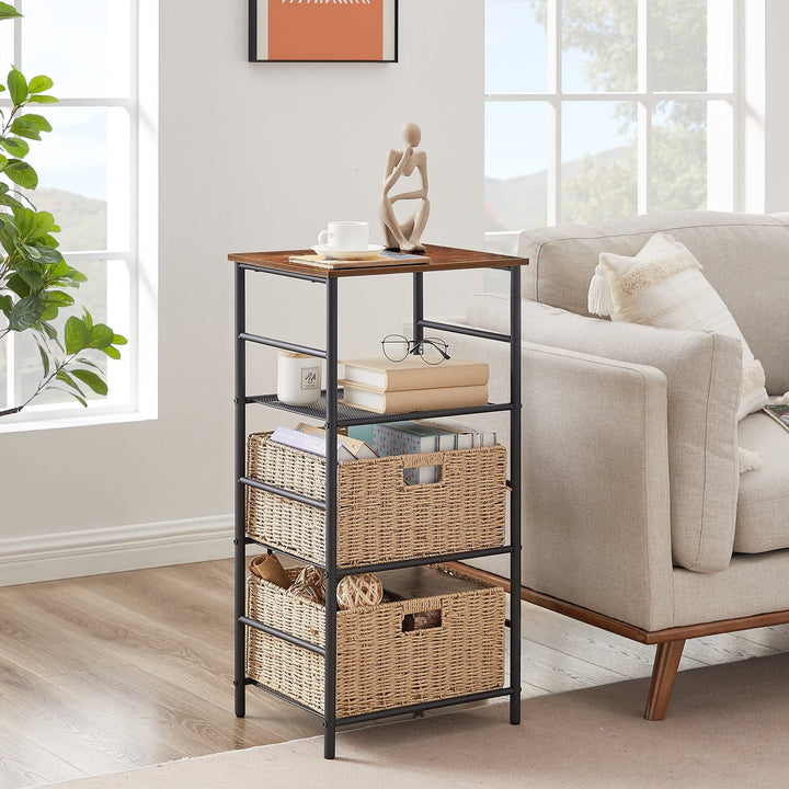 Industrial 4-Tier End Table with Mesh Shelves and 2 Wicker Storage Basket