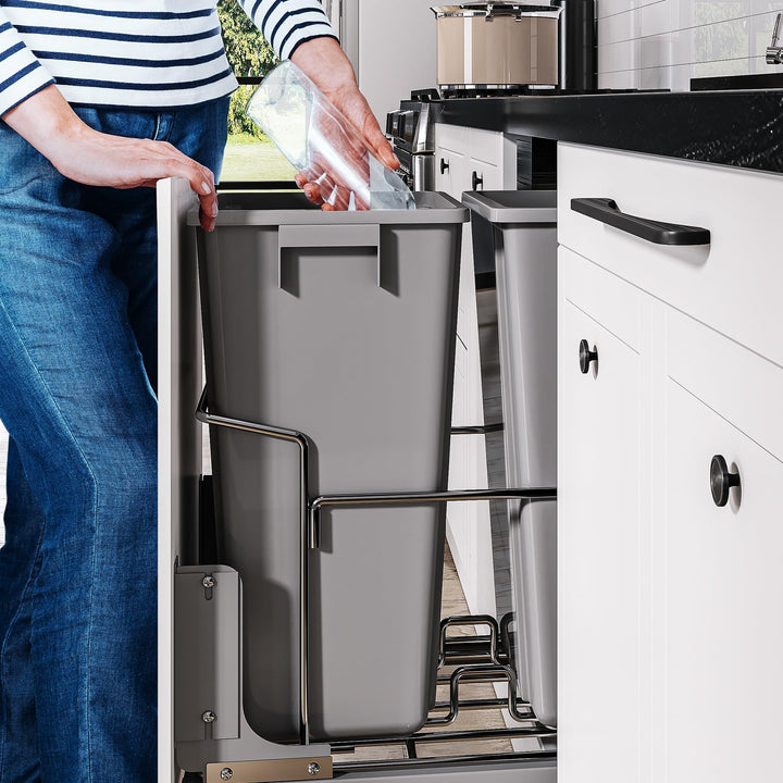 Double 37 Quart Pull Out Kitchen Waste Containers Grey Metal Plastic - Diamond Home USA
