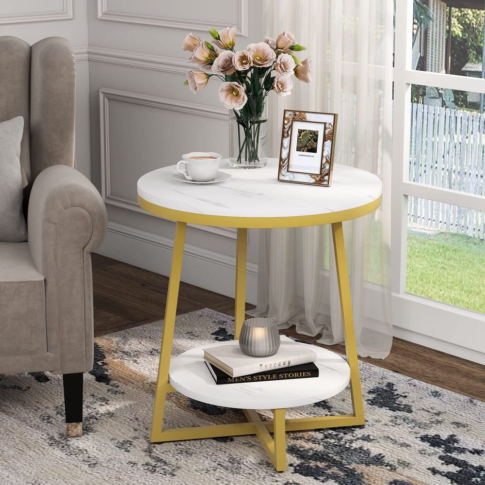 Modern Gold End Table Round Marble Side Nightstand Bedside Small offee Accent - Diamond Home USA
