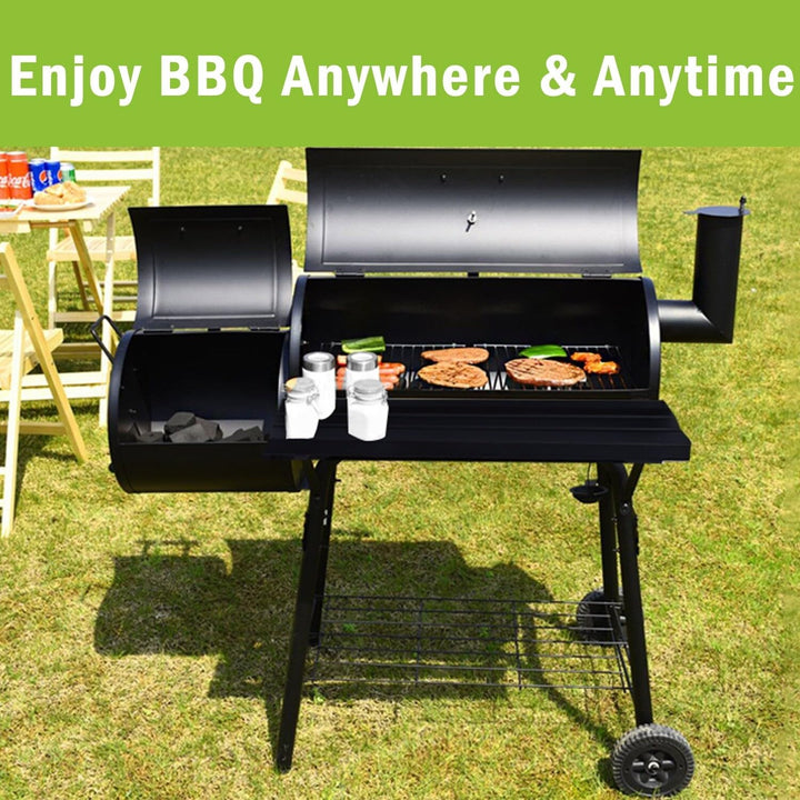 Heavy-Duty Charcoal BBQ Grill and Offset Smoker in Black Metal - Diamond Home USA