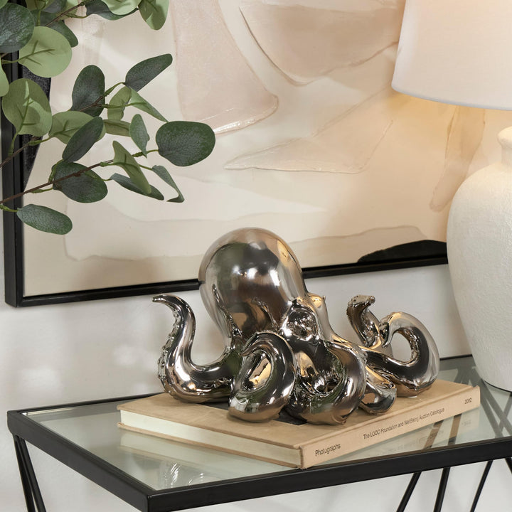 Silver Ceramic Octopus Sculpture with Textured Tentacles