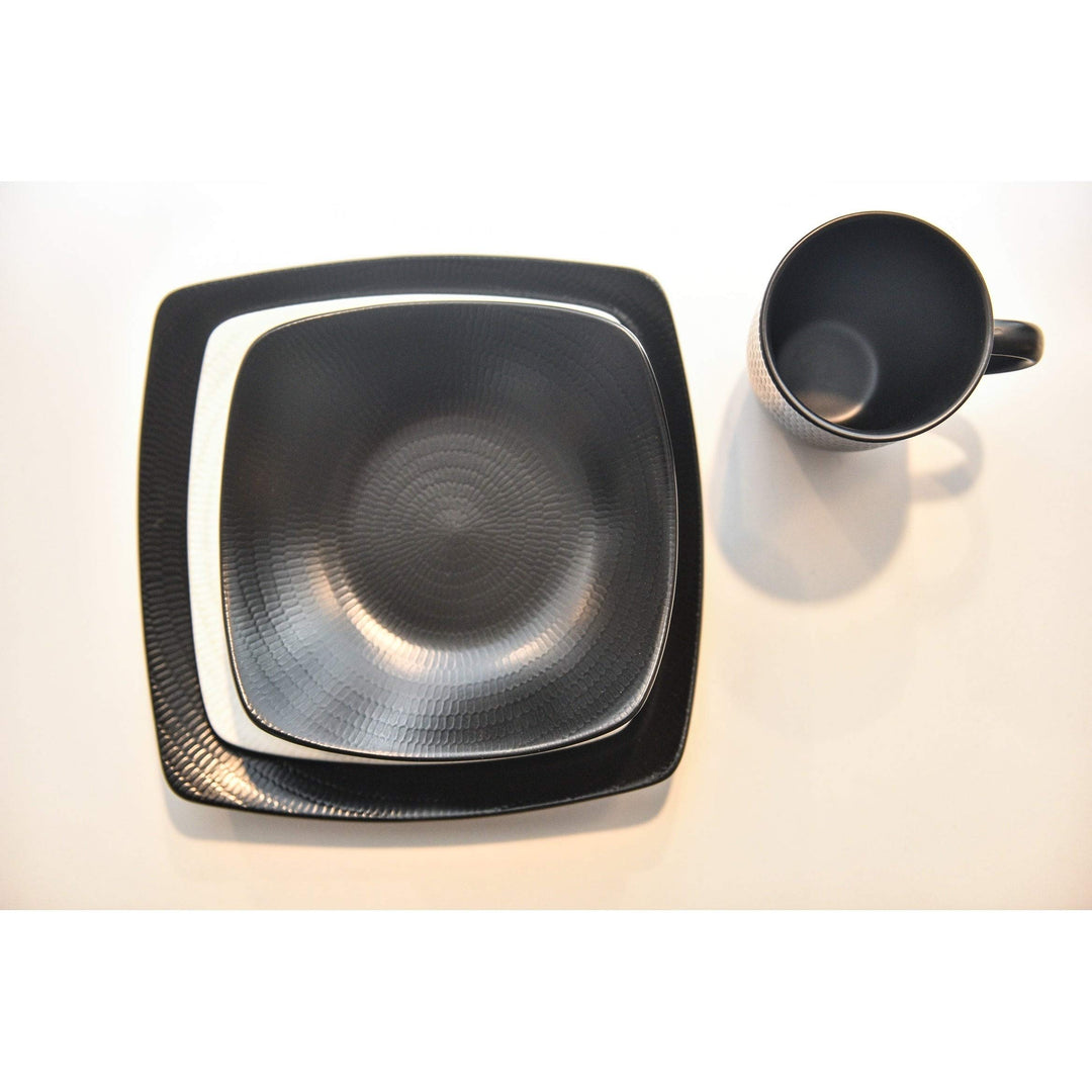 Black Rice 18pc Dinner Set Textured Modern Contemporary Square Stoneware 18 - Diamond Home USA
