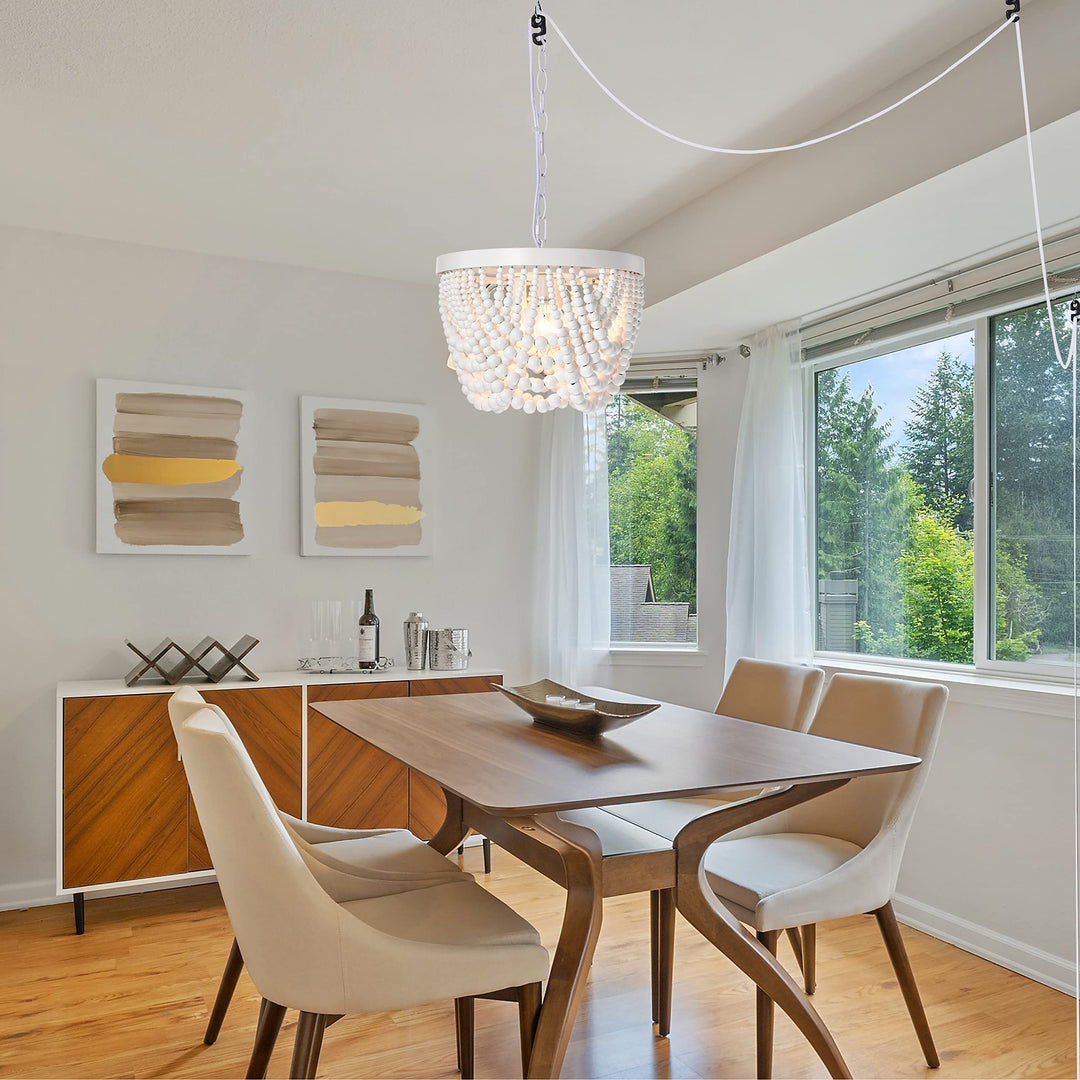 Boho Plug in Wood Beaded Chandelier 3-Light Bead Light White Bohemian Eclectic - Diamond Home USA