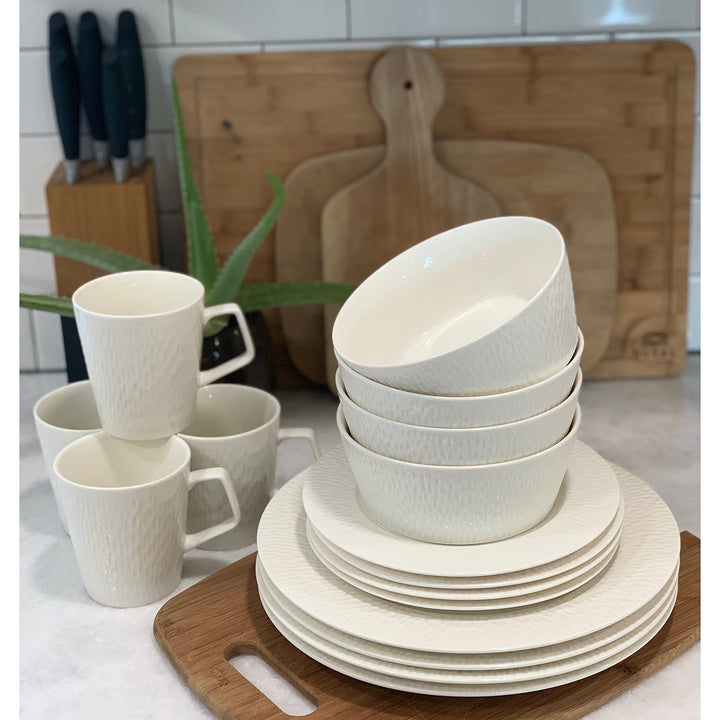 Rain Drop White 16pc Dinner Set Solid Modern Contemporary Round Porcelain 16