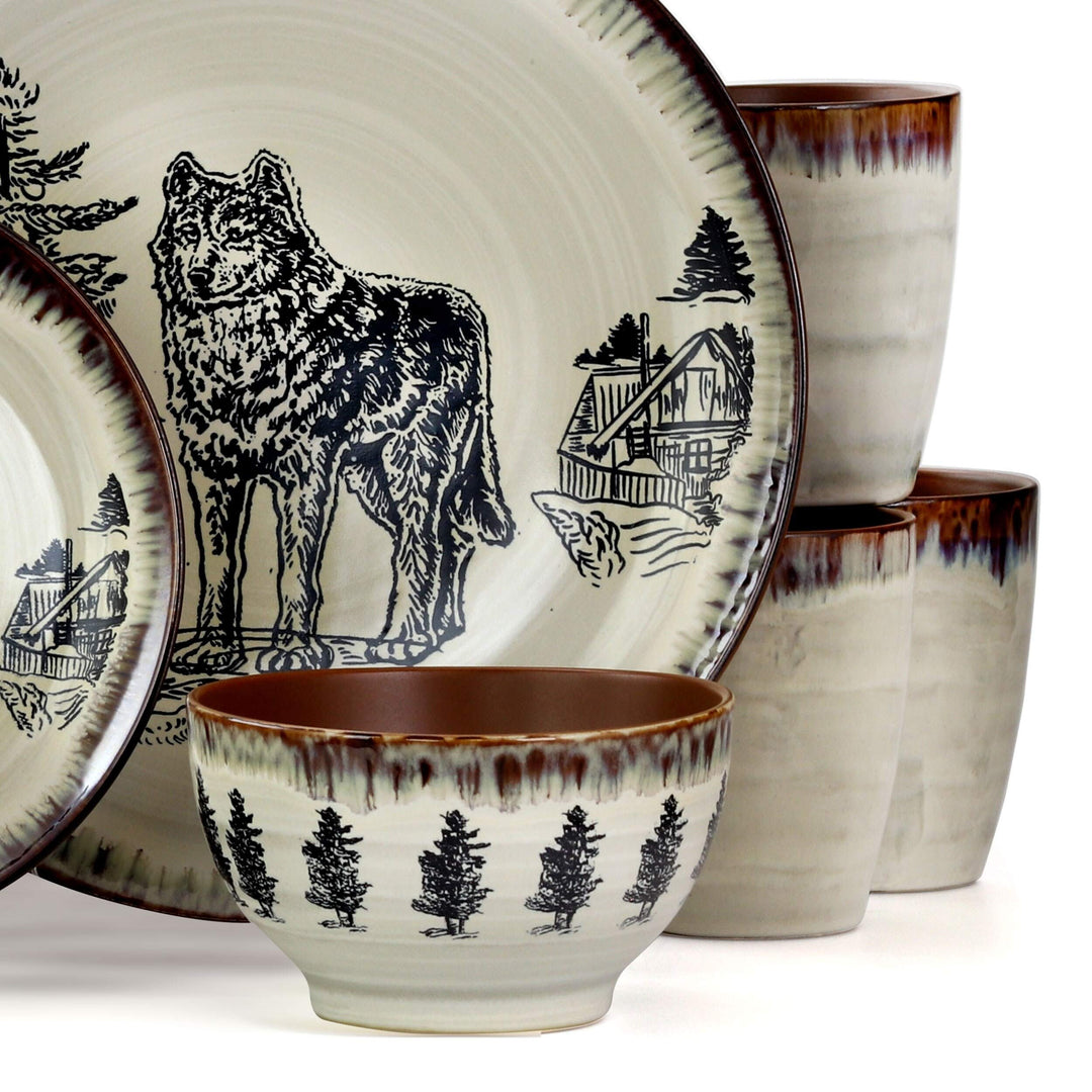 Wolf 16 Piece Round Stoneware Dinnerware Set in Taupe Tan Animal Casual - Diamond Home USA