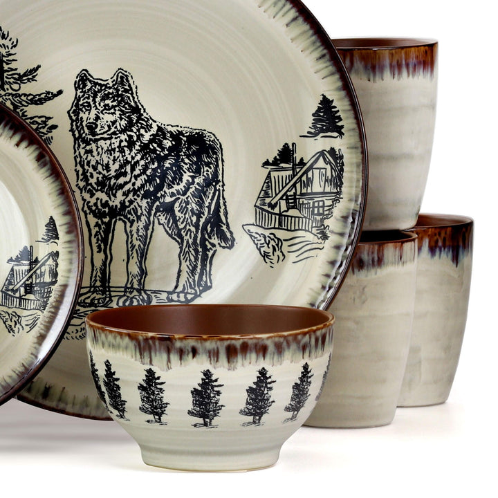 Wolf 16 Piece Round Stoneware Dinnerware Set in Taupe Tan Animal Casual - Diamond Home USA