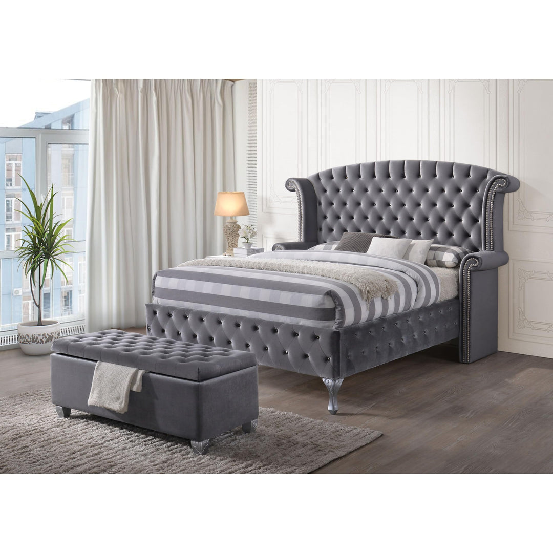 Grey Tufted Storage Bench Solid Modern Contemporary Velvet Wicker - Diamond Home USA