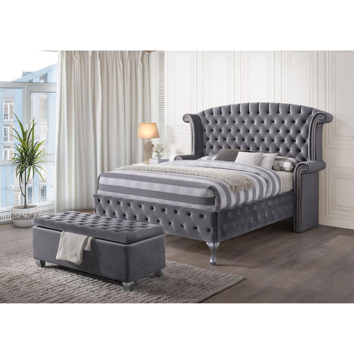 Grey Tufted Storage Bench Solid Modern Contemporary Velvet Wicker - Diamond Home USA
