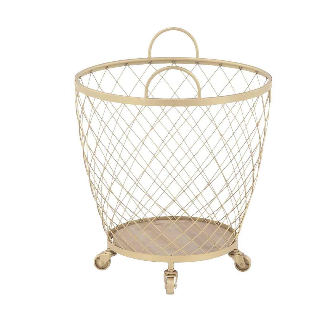 Set of 2 Modern Diamond-Weave Round Iron Baskets with Wheels Gold - Diamond Home USA