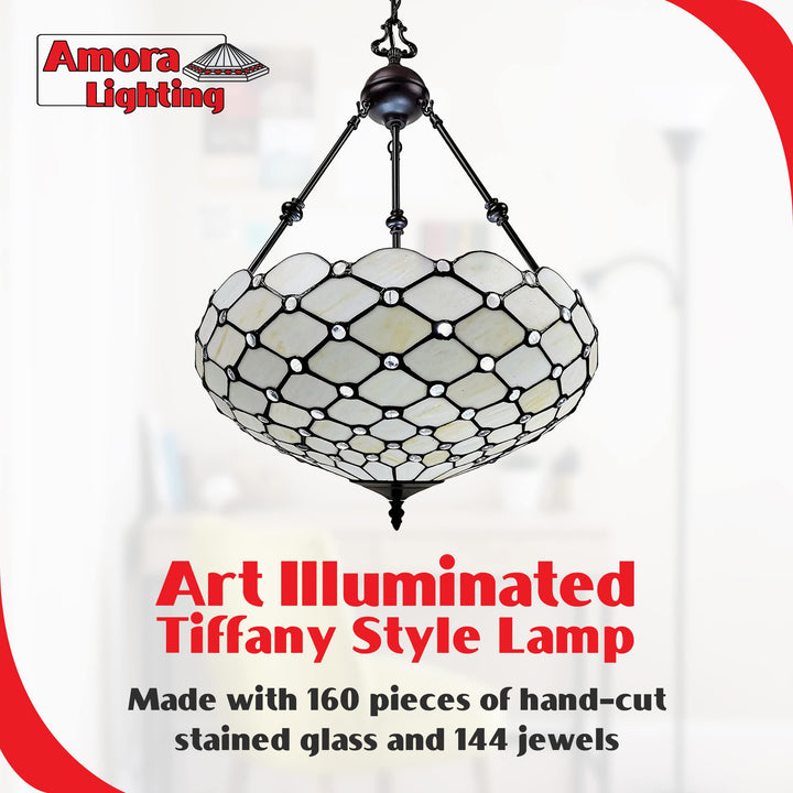 Amora Vintage Tiffany Style Ceiling Lamp - 18” x 9” White Jeweled Stained - Diamond Home USA