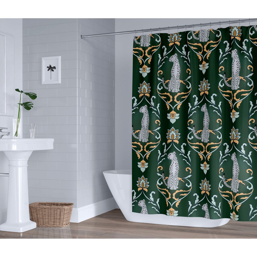 Snow Cats Green Shower Curtain Green Animal Print Modern Contemporary Polyester - Diamond Home USA