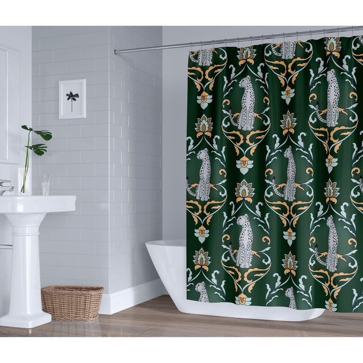 Snow Cats Green Shower Curtain Green Animal Print Modern Contemporary Polyester - Diamond Home USA