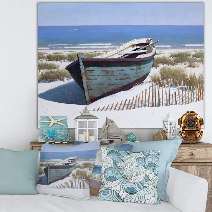 DESIGN ART Designart "Blue Boat on Beach" Nautical & Coastal Canvas Artwork 40 in. wide x 30 in. high