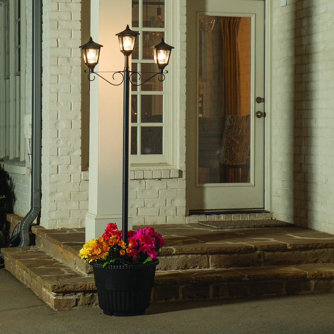 Triple Solar Lamp and Post Set with Round Planter Black Resin - Diamond Home USA