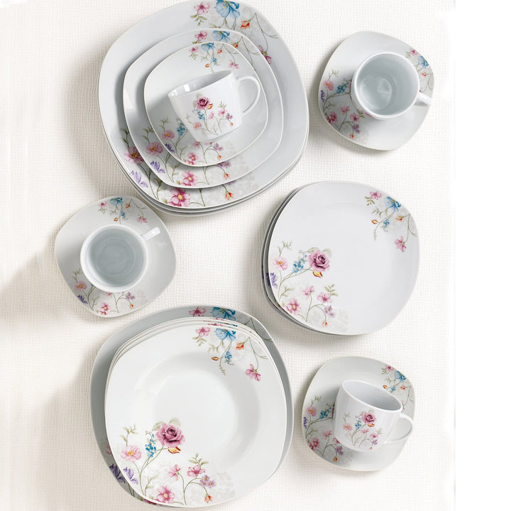 20 Pc. Square Dinnerware Set Service For 4-small Floral Design White Casual - Diamond Home USA