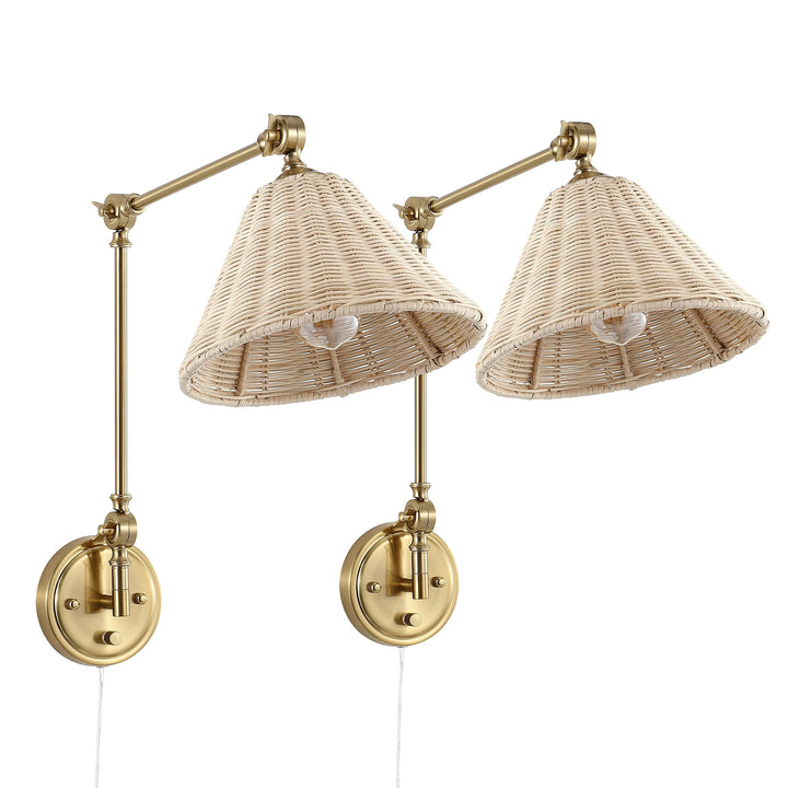 Gold Rattan Swing Arm Wall Lamp Set of 2 Adjustable Mounted Sconce Modern - Diamond Home USA
