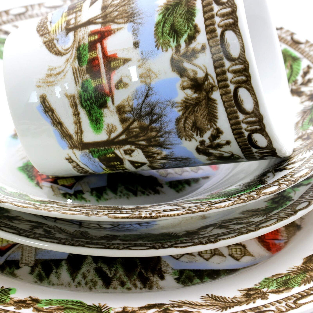 Cozy Christmas Scenic Cottage 16 Piece Dinnerware Set White Animal Casual - Diamond Home USA