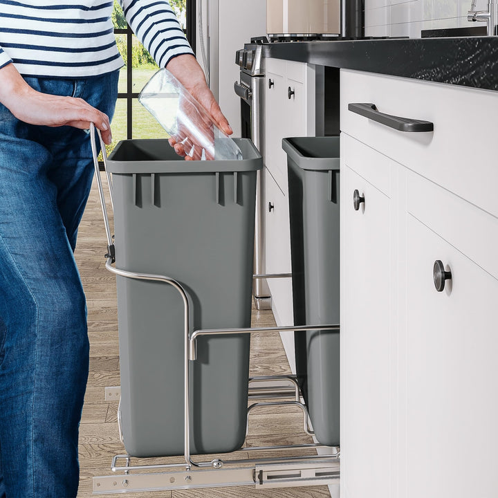 Resin Double 30l Pull Out Kitchen Waste Containers 30l+30l Grey Plastic - Diamond Home USA