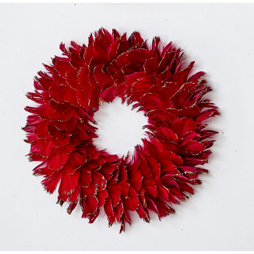 12" Feather Wreath W/Glitter Tips Red Un-lit