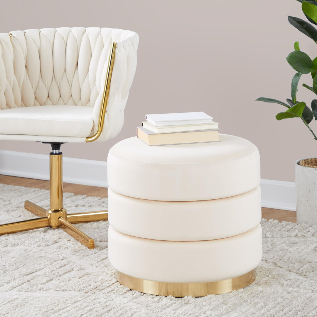 Ottoman Cream Solid Glam Modern Contemporary Round Velvet
