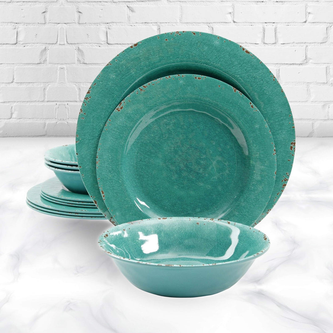 California 12 Piece Dinnerware Set in Green Decal Blue Solid Casual Round - Diamond Home USA