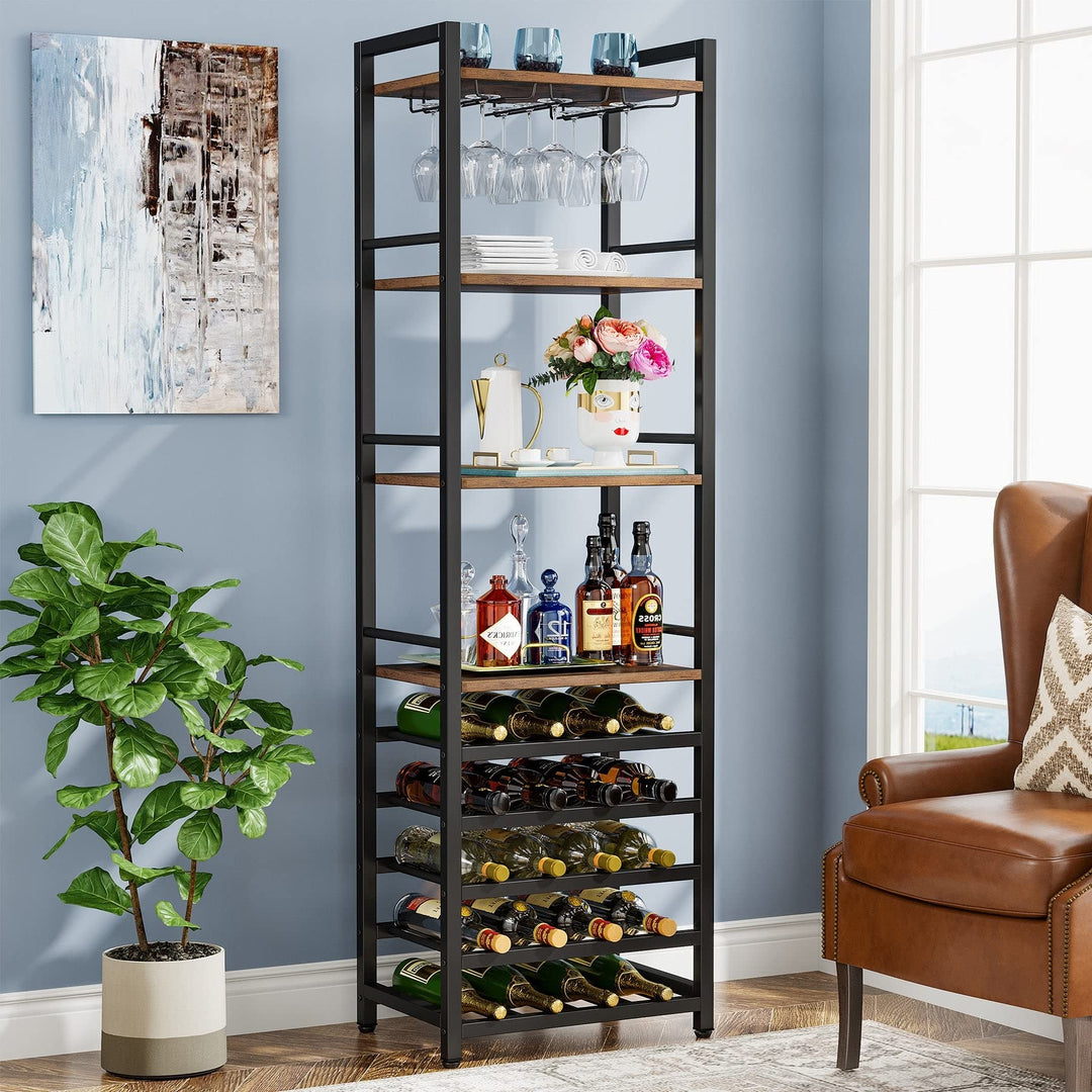 9-Tier Freestanding Floor Wine Rack 20-Bottle Bakers with Glass Holder and Brown