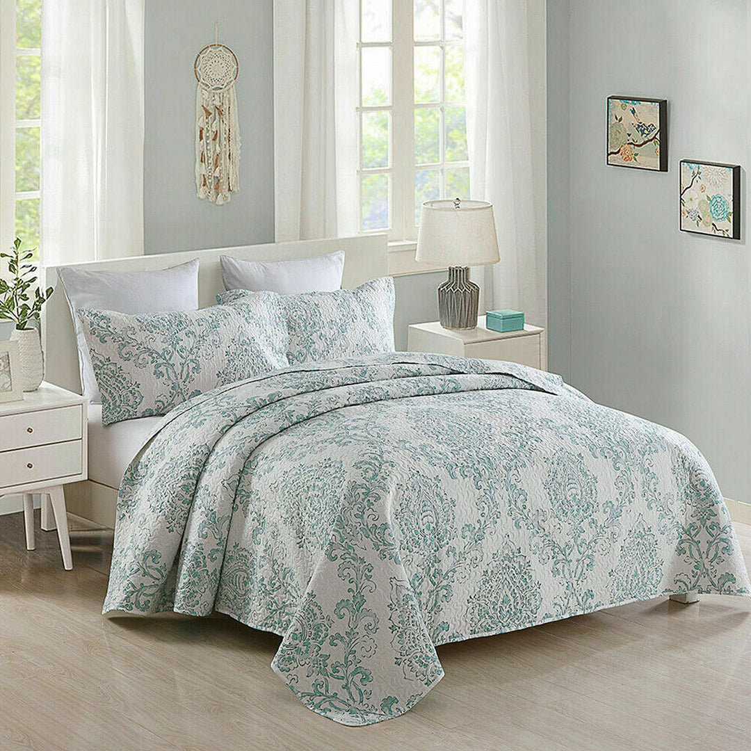 3 Piece King Size with Pillow Shams Blue Flower Floral French Country Microfiber