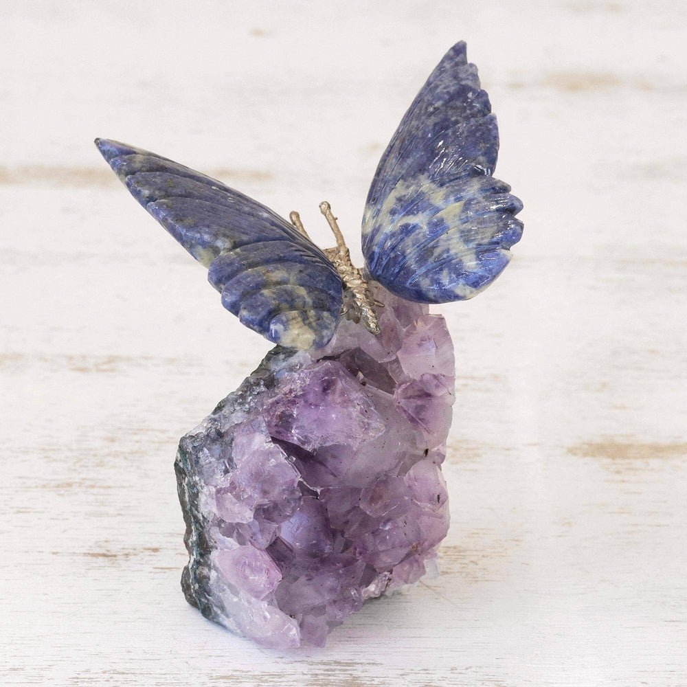 Amethyst Sculpture 'Blue Butterfly' Brown Wood Antique Waterproof - Diamond Home USA