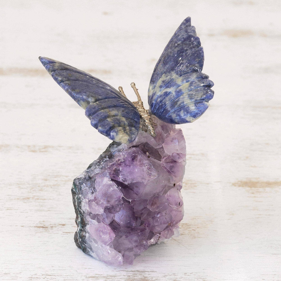 Amethyst Sculpture 'Blue Butterfly' Brown Wood Antique Waterproof - Diamond Home USA