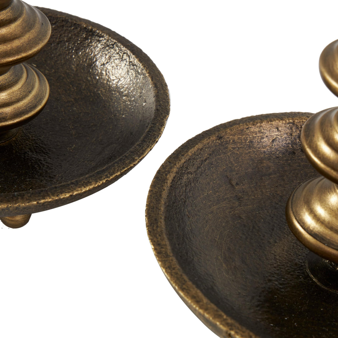Brass Metal Antique Style Candle Holder with Round Plate (Set of 2) Iron - Diamond Home USA
