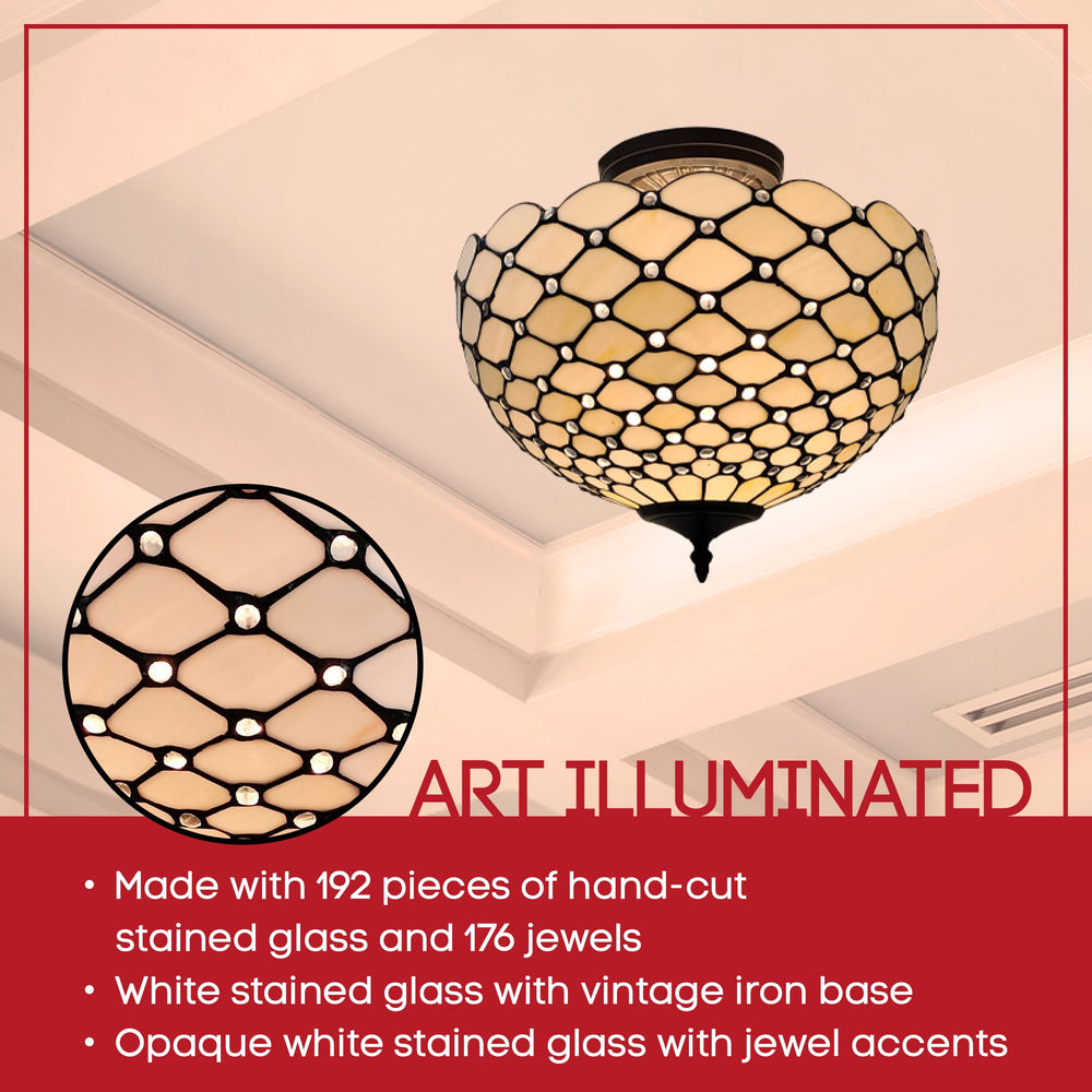 Tiffany Style Ceiling Fixture Lamp Jeweled Semi-Flush 16" Wide Stained Glass - Diamond Home USA