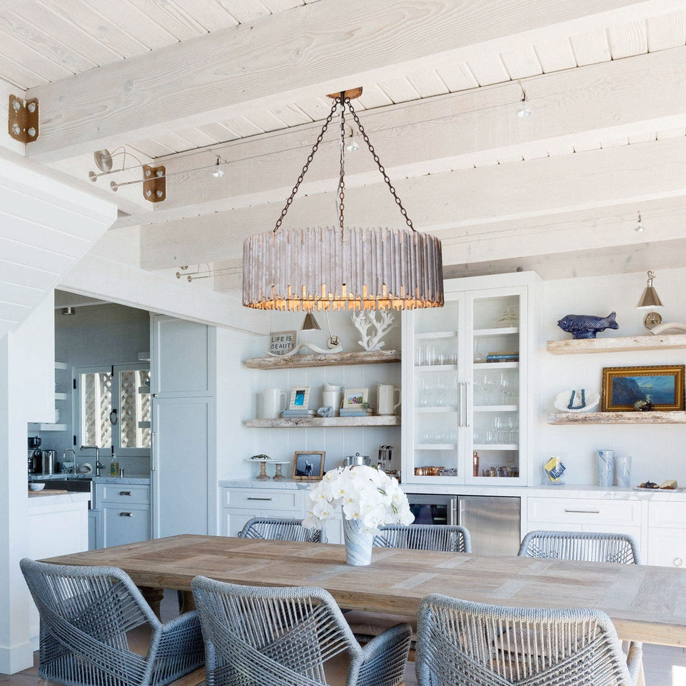 Distressed White 3-light Wooden Drum Chandelier Farmhouse Metal Wood Dimmable - Diamond Home USA