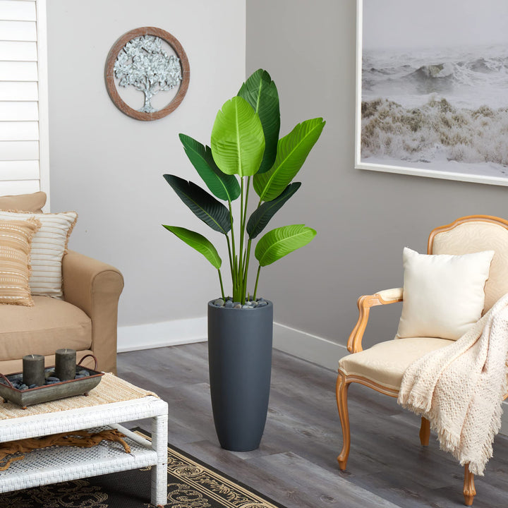 Nearly Natural 5.5’ Traveler's Palm Tree in Gray Planter Artificial Plant 22" - Diamond Home USA