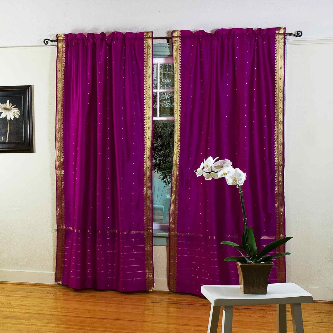 Violet Red 84-inch Rod Pocket Sheer Sari Curtain Panel (India) - Pair