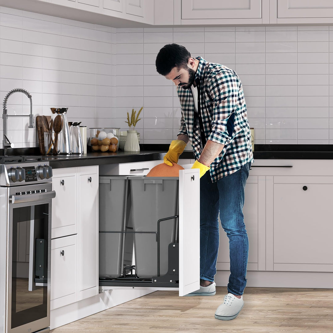 Resin Double 37qt Pull Out Kitchen Waste Containers 37qt+37qt Grey Plastic - Diamond Home USA