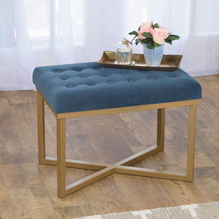 Rectangular Ottoman with Midnight Velvet Tufted Cushion and Gold Metal X Base - Diamond Home USA