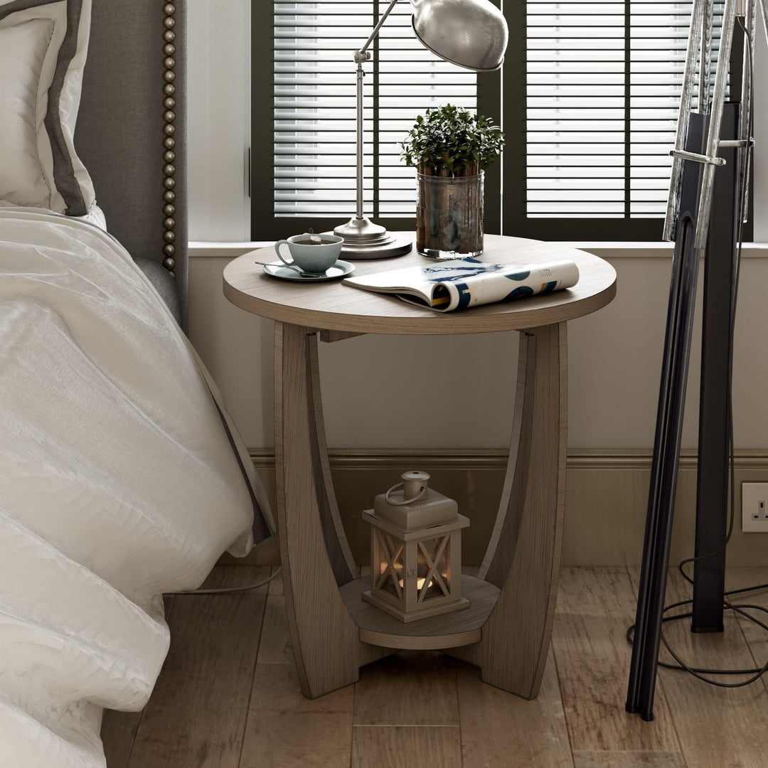 Rustic Farmhouse End Table with Storage Shelf French Country Accent Side Round Grey