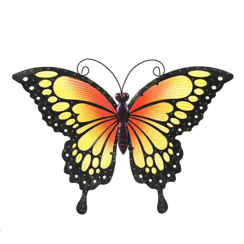 Orange/Yellow Butterfly Metal and Glass Outdoor Wall Black Orange Yellow Cabin - Diamond Home USA