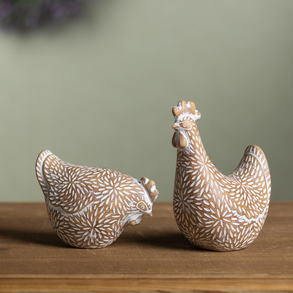 Etched Chicken Figurine (Set of 2) White Traditional Resin - Diamond Home USA