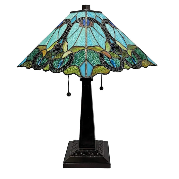 Tiffany Style Table Lamp Banker 20" Tall Stained Glass White Green Red Brown - Diamond Home USA