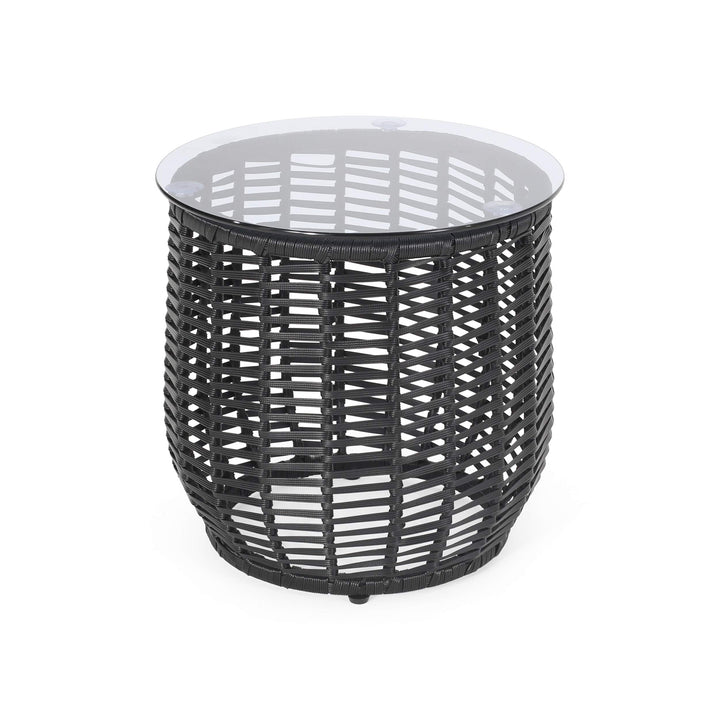 GDFStudio Wicker Side Table with Tempered Glass Top Black - Diamond Home USA