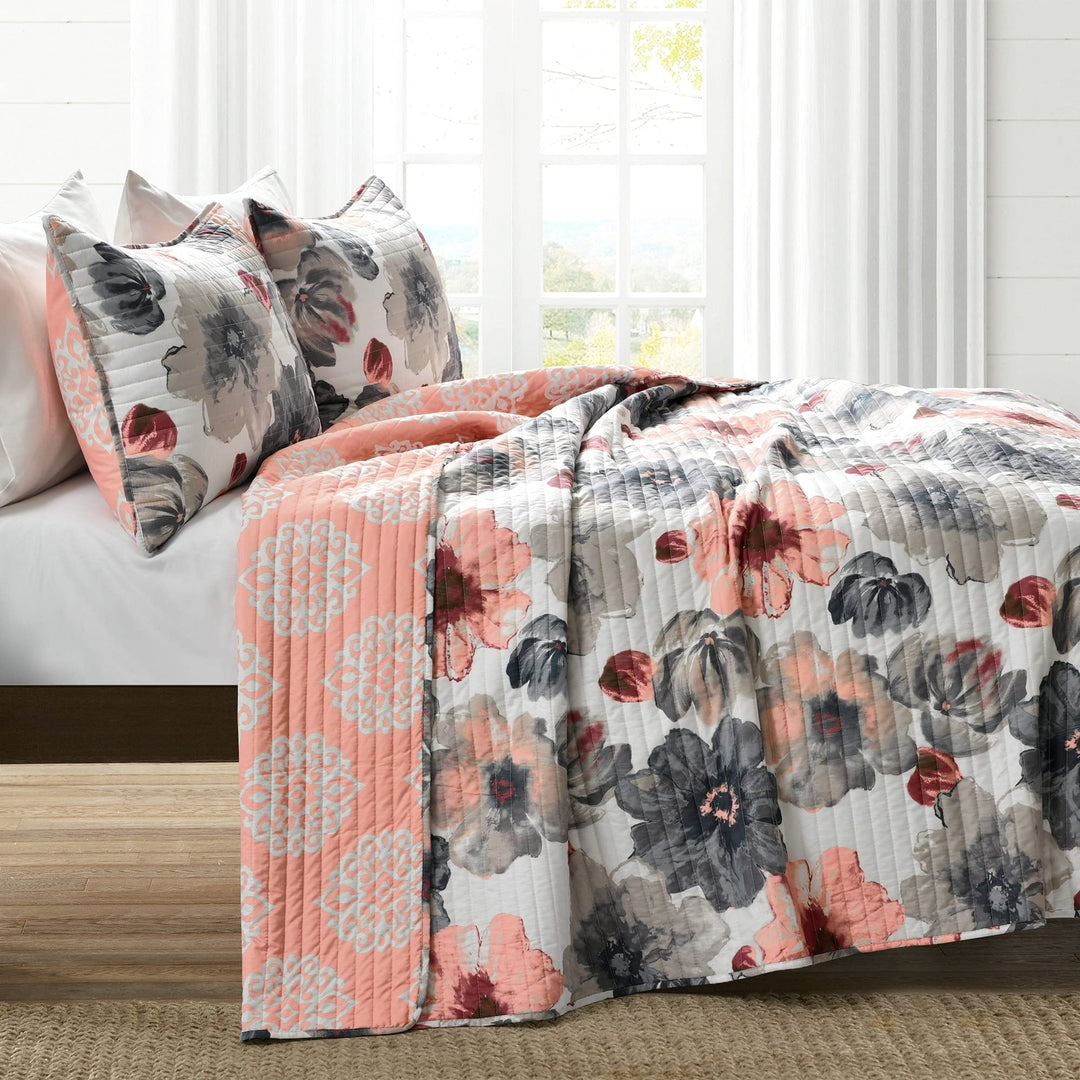 Maison Rouge Levine Reversible Floral/Damask 3-piece Quilt Set Yellow & Gray - Diamond Home USA